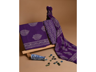 New Purple Hand Painted Cotton Suit With Chiffon Dupatta