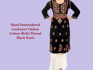 Hand Embroidered Lucknowi Chikan Cotton Multi Thread Black Kurti