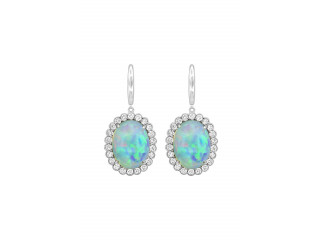 White Gold 1ctw Diamond Halo Oval Opal Dangle Earrings