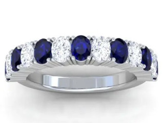 Beautiful Half Eternity Diamond And Blue Sapphire Oval Four Prong Wedding Ring