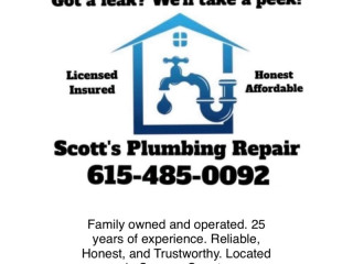 Got a leak? We’ll take a peek! Call Scott’s Plumbing Repair today! 615 485 0092