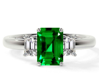 Buy Stunning Emerald Cut Emerald Three Stone Ring with Prong Set Side Diamonds | GemsNY